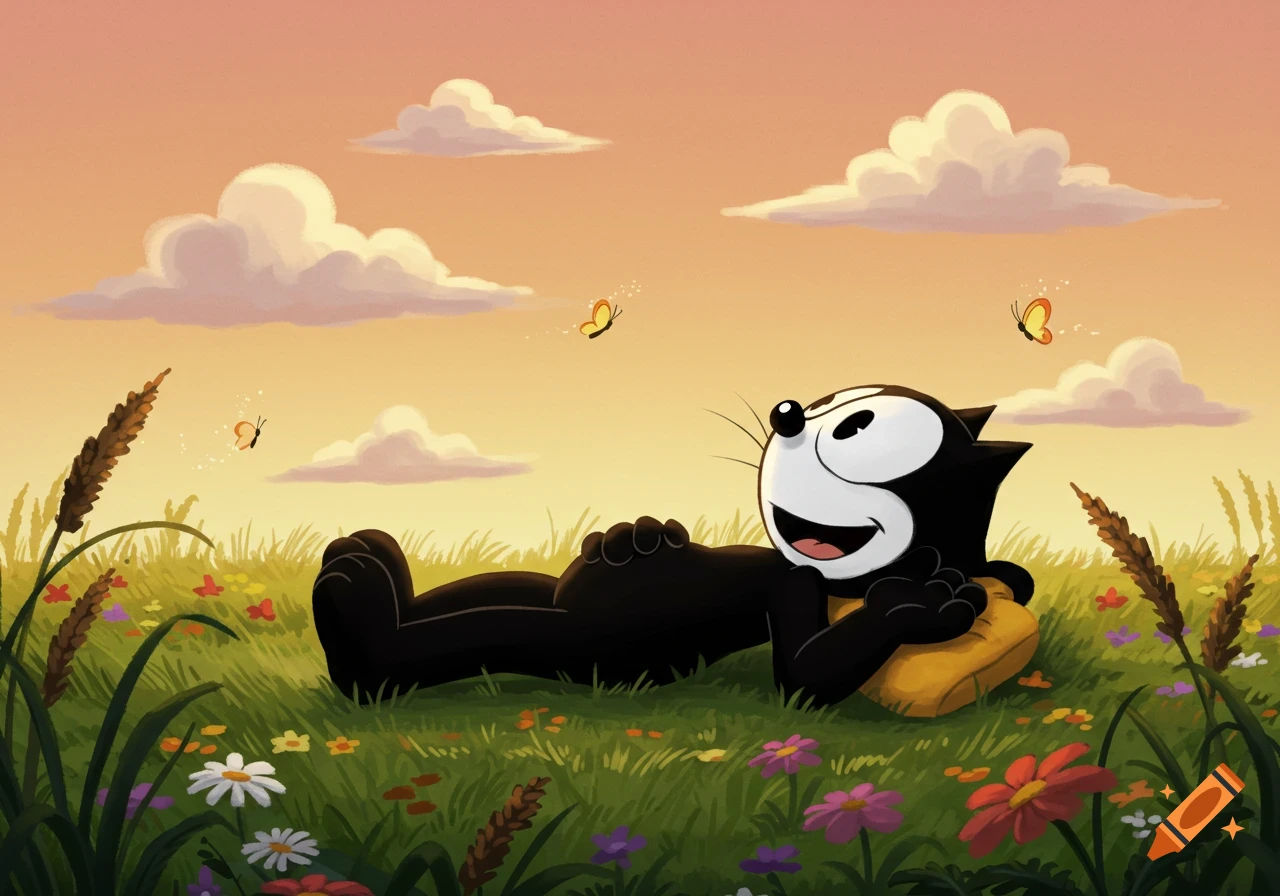Felix the Cat lies on his back in a vibrant green meadow with colorful flowers and butterflies, under a warm, cloudy sunset sky, cartoon style.