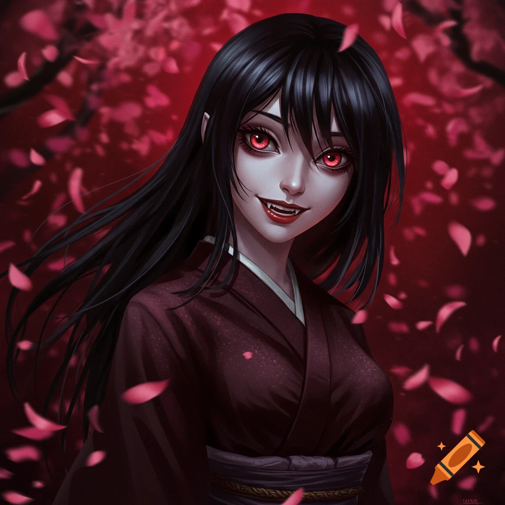 An anime girl with long black hair, glowing red eyes, and fangs, wearing a dark kimono, surrounded by falling pink petals on a red background.