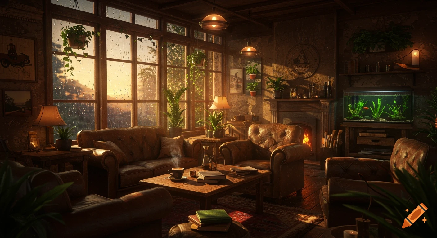 A cozy rustic-modern cafe interior at dusk with rain-streaked windows, warm lighting, leather sofas, plants, and a fireplace.