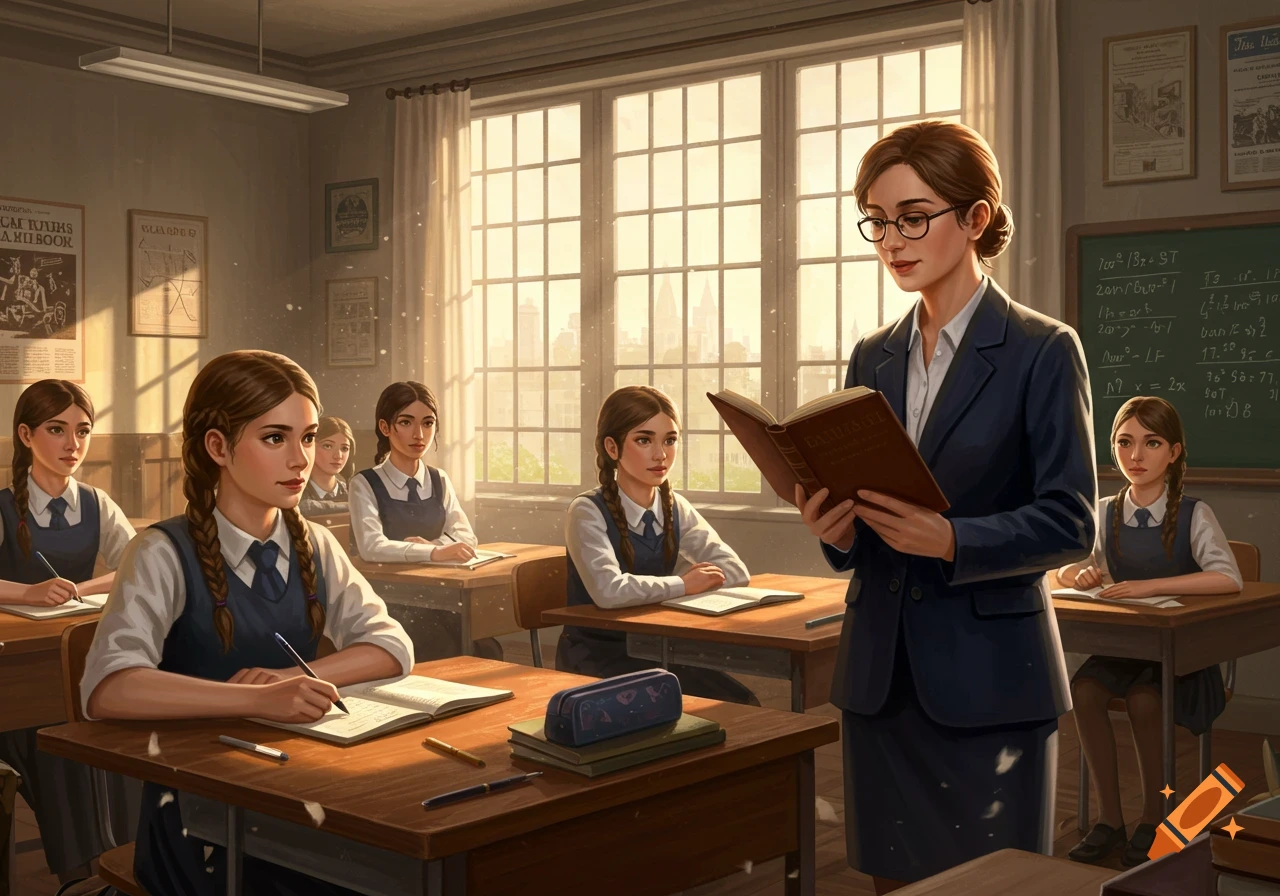 A female teacher reads from a book to a classroom of attentive female students, who are taking notes at their desks. The scene is bathed in warm light from large windows.