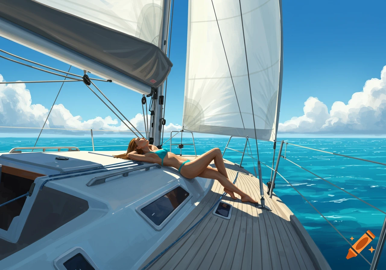 A woman in a teal bikini relaxes on the deck of a sailboat, at sea under a clear blue sky, in a stylized illustration.