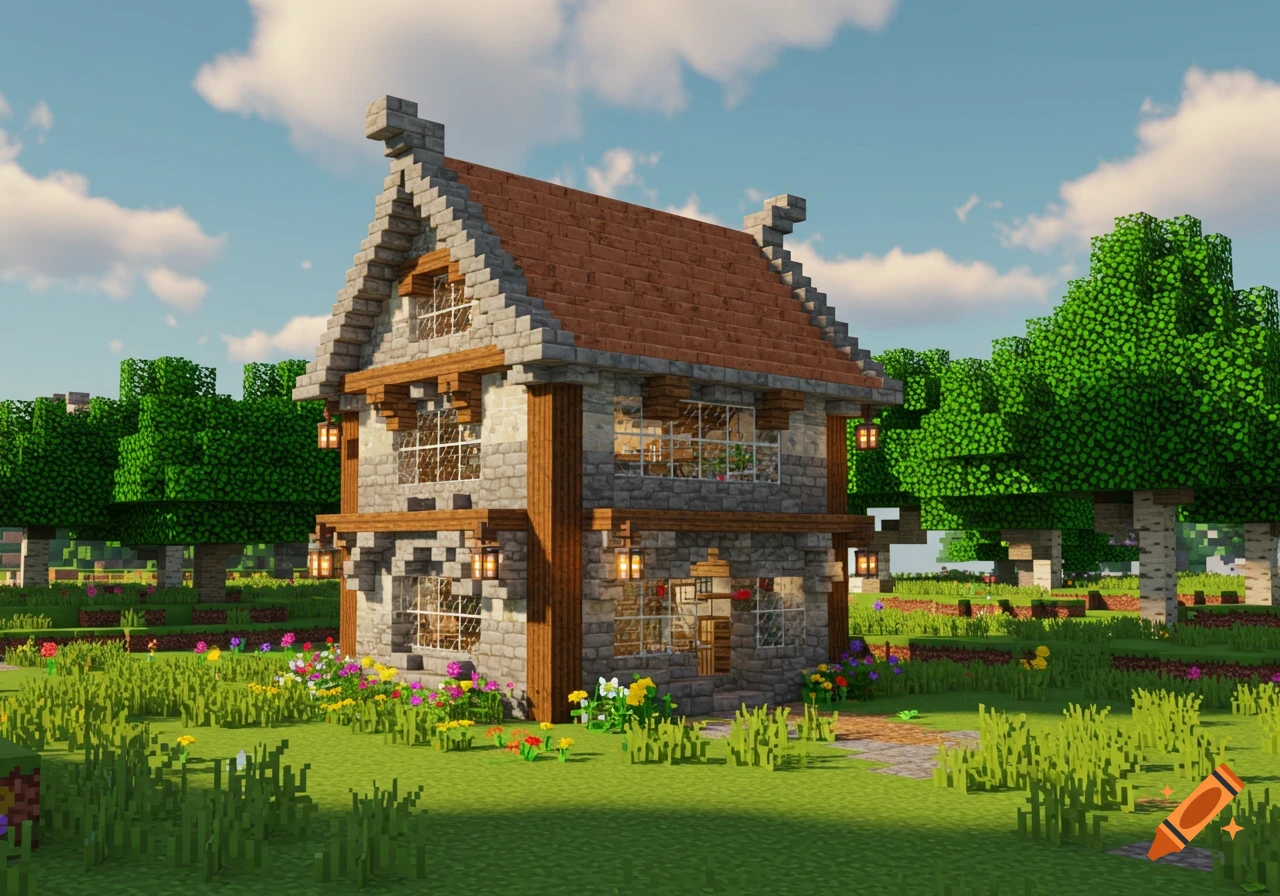 A medieval-style blocky house with stone and wood in a vibrant Minecraft landscape with trees and flowers.