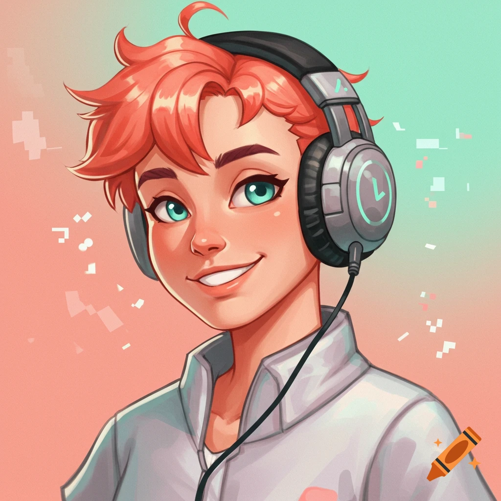 Smiling person with red hair and blue eyes, wearing headphones with an 'L' symbol, in a digital art style with a pixelated background.