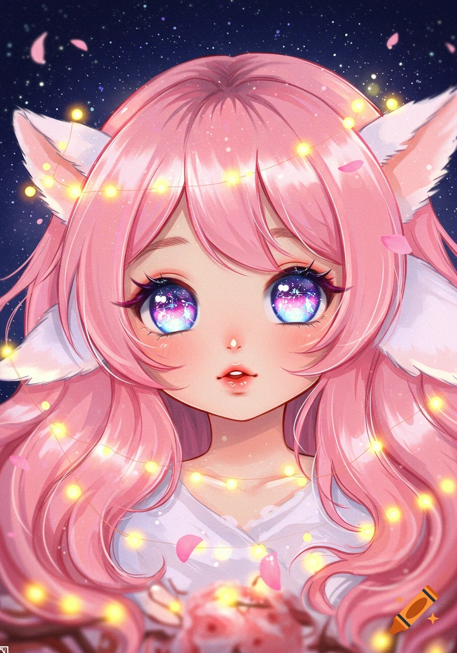 Kawaii anime girl with pink hair, sparkling eyes, white animal ears, and fairy lights against a starry night sky.