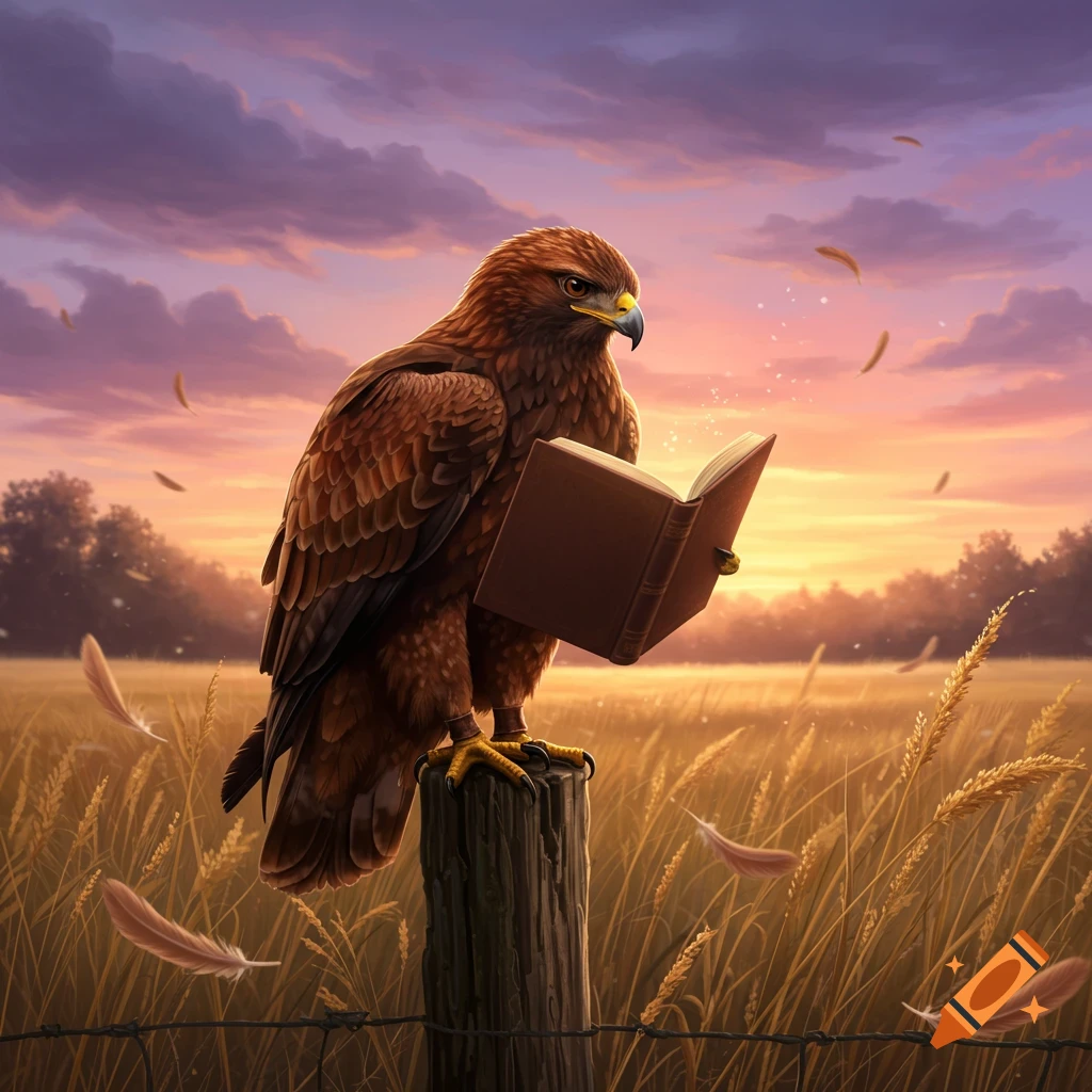A majestic golden eagle reads an open book, perched on a wooden post in a golden field under a vibrant sunset with floating feathers and a magical glow.
