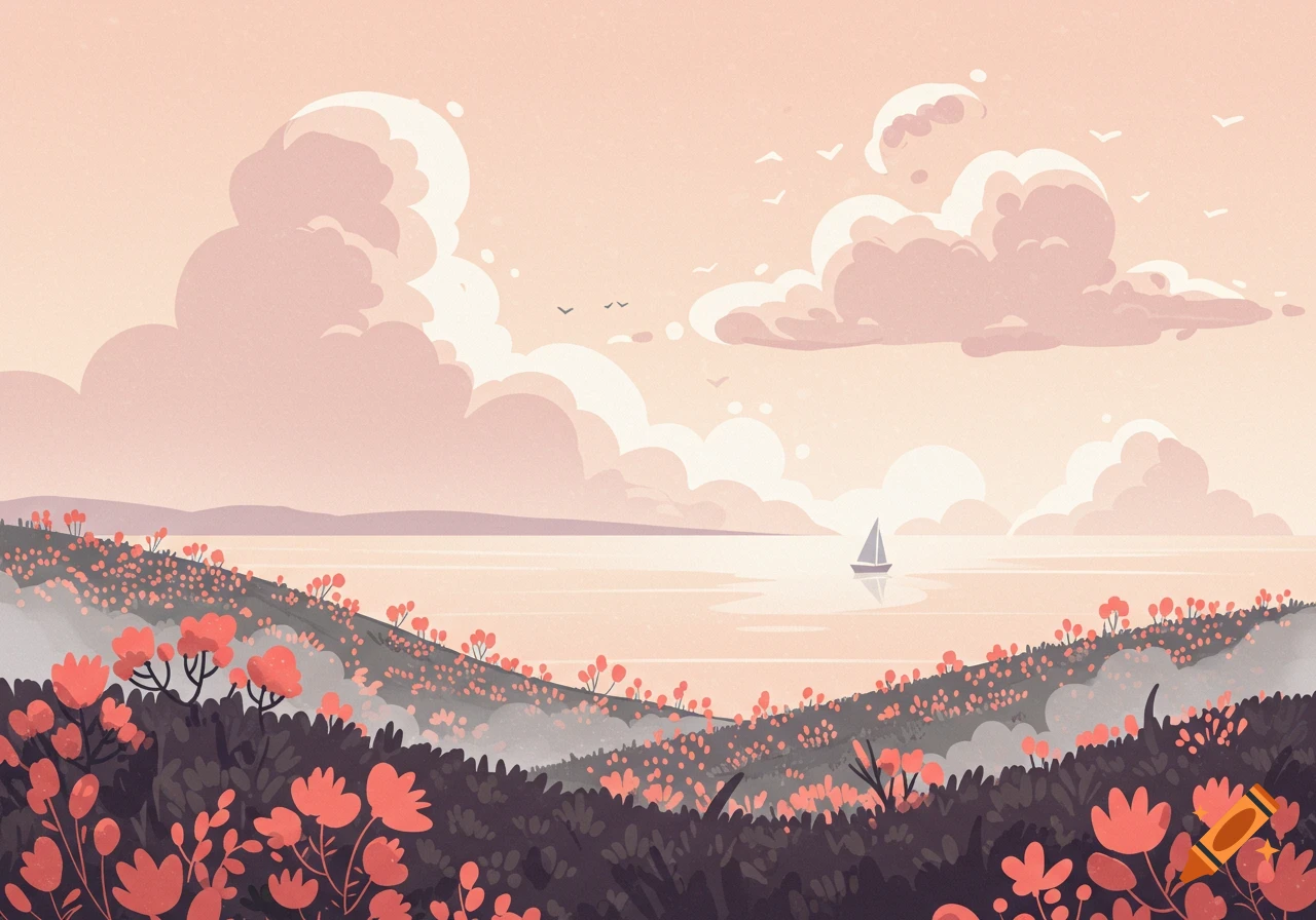 Stylized illustration of a peaceful pink landscape with hills covered in flowers, a calm sea with a sailboat, and soft clouds.