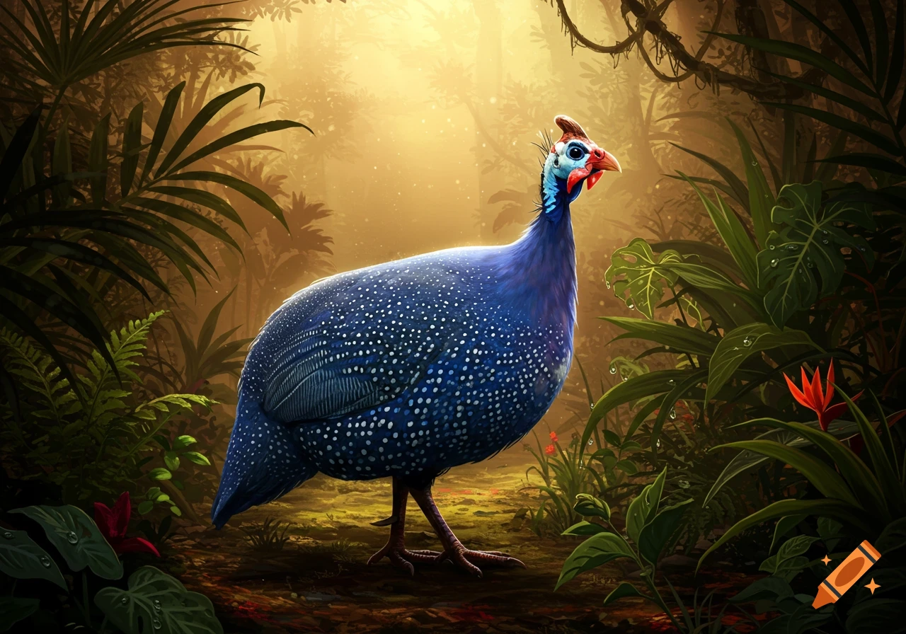 A vibrant blue guinea fowl with white spots stands prominently in a lush, sun-dappled jungle setting.