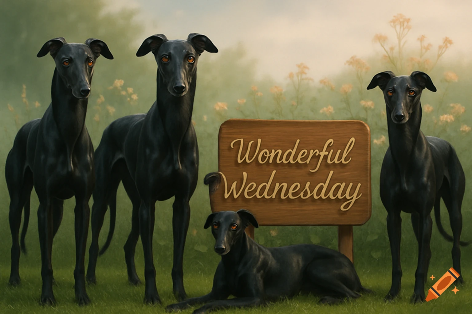 Four black greyhounds in a grassy field with a sign reading 'Wonderful Wednesday'. One dog lies down, three stand.