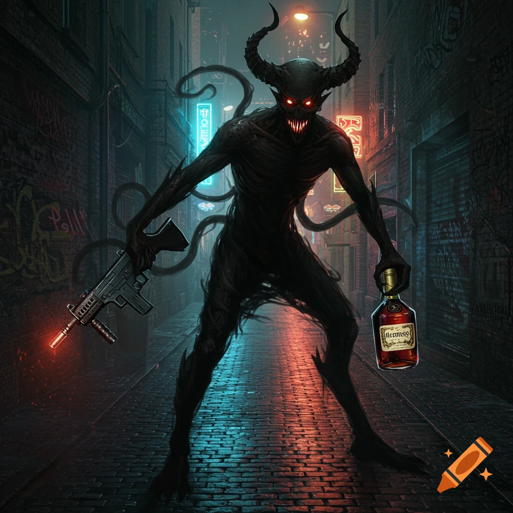 A dark, horned demon with glowing red eyes stands in a neon-lit alley, holding a mini Uzi and a bottle of Hennessy.