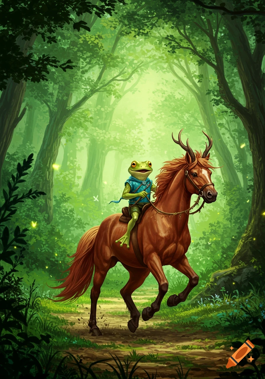 A frog character in a blue tunic rides a brown horse with antlers through a bright, lush green forest.