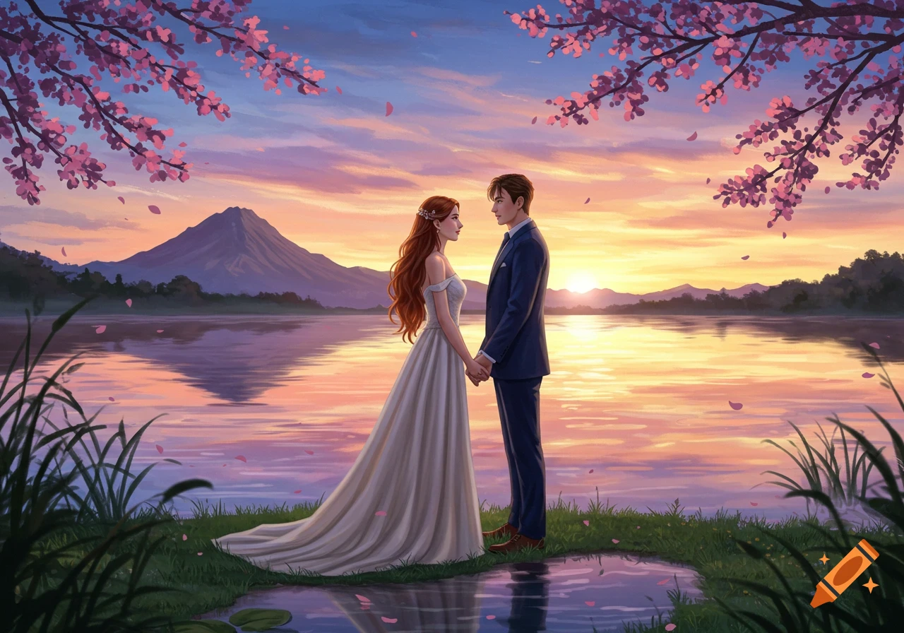 A romantic illustration of a couple holding hands by a lake at sunset, with mountains and cherry blossoms framing the scene.