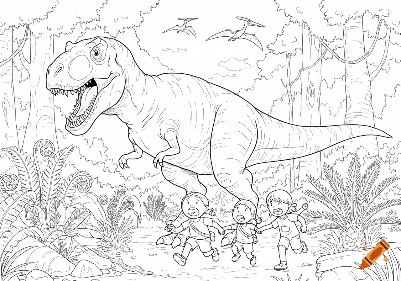 A coloring page of a T-Rex chasing three children through a prehistoric jungle, with pterodactyls in the sky.
