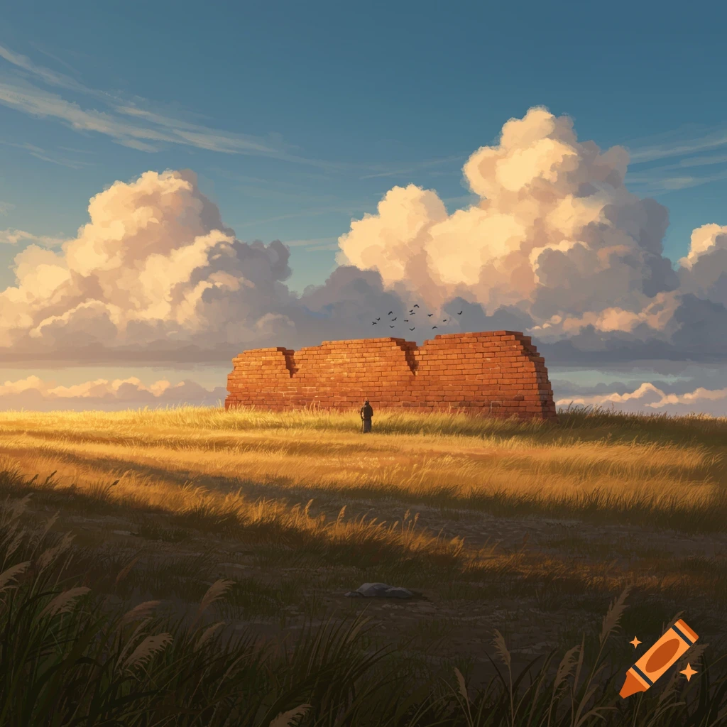 Digital painting of a lone figure in a vast golden field, facing a long brick wall under a blue sky with fluffy clouds.