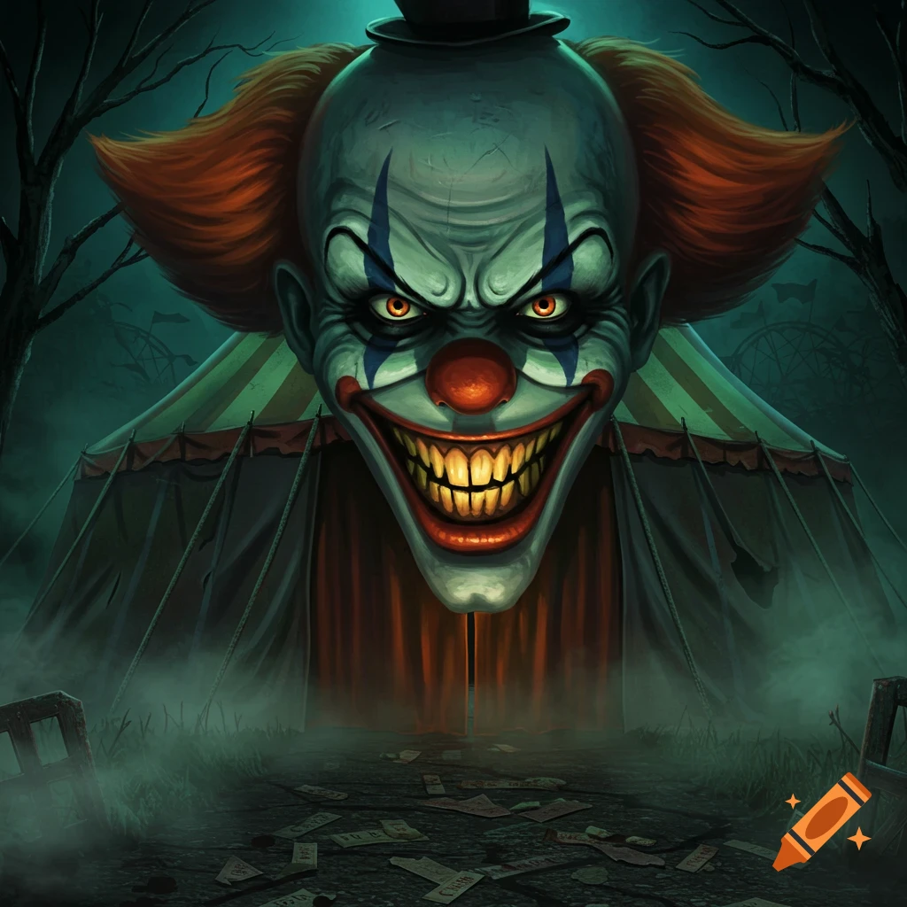 A terrifying, grinning clown with glowing orange eyes and sharp teeth peeks from a dark circus tent in a foggy, eerie forest, in a creepy illustrative style.