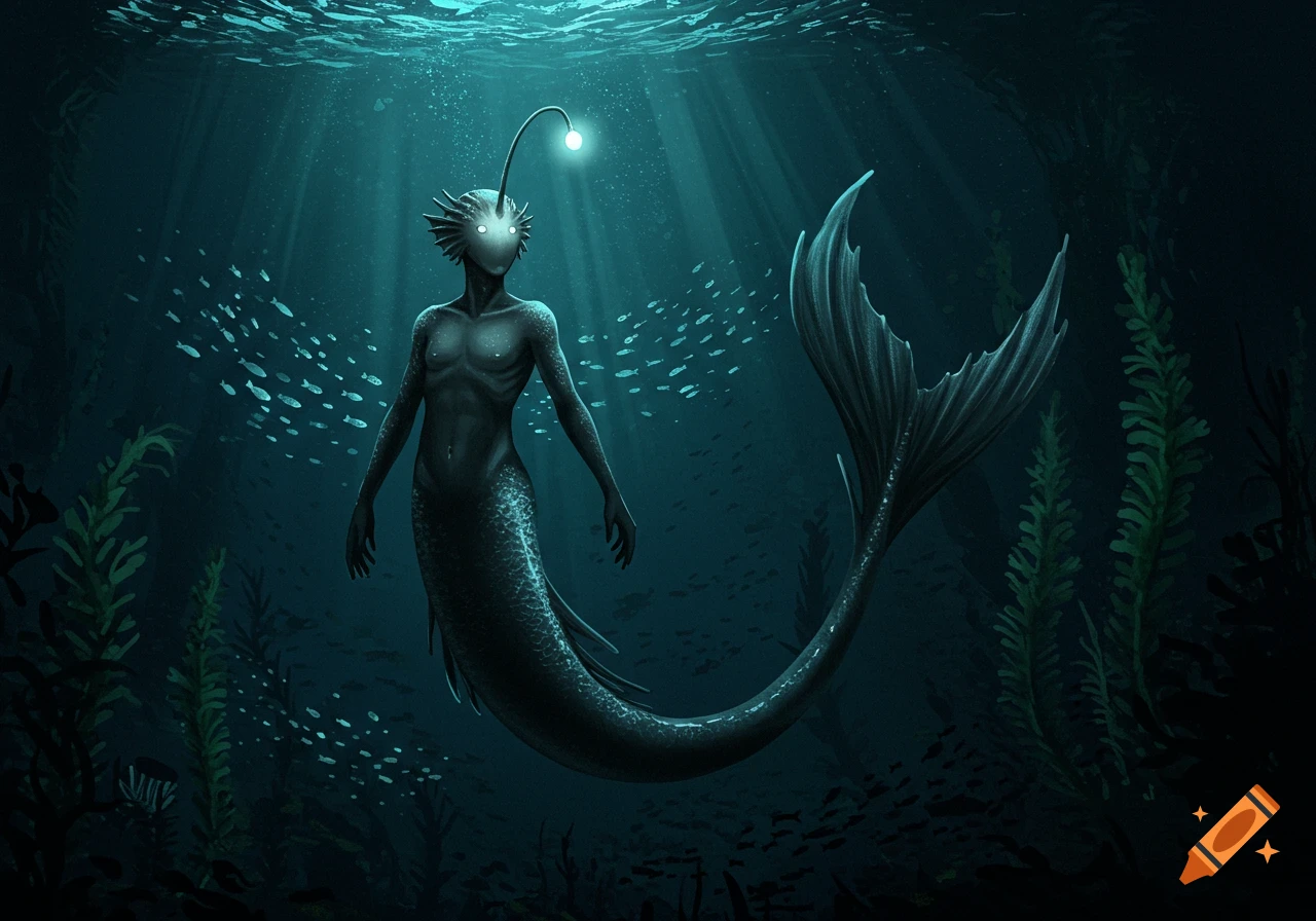 A fantasy anglerfish-mermaid creature swims in the dark ocean depths with a glowing lure, surrounded by small fish and kelp.