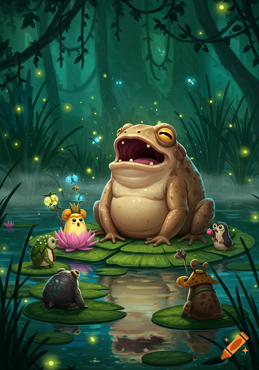 A large, whimsical cartoon frog on lily pads with mouth open, surrounded by small creatures and fireflies in a dark, magical swamp.