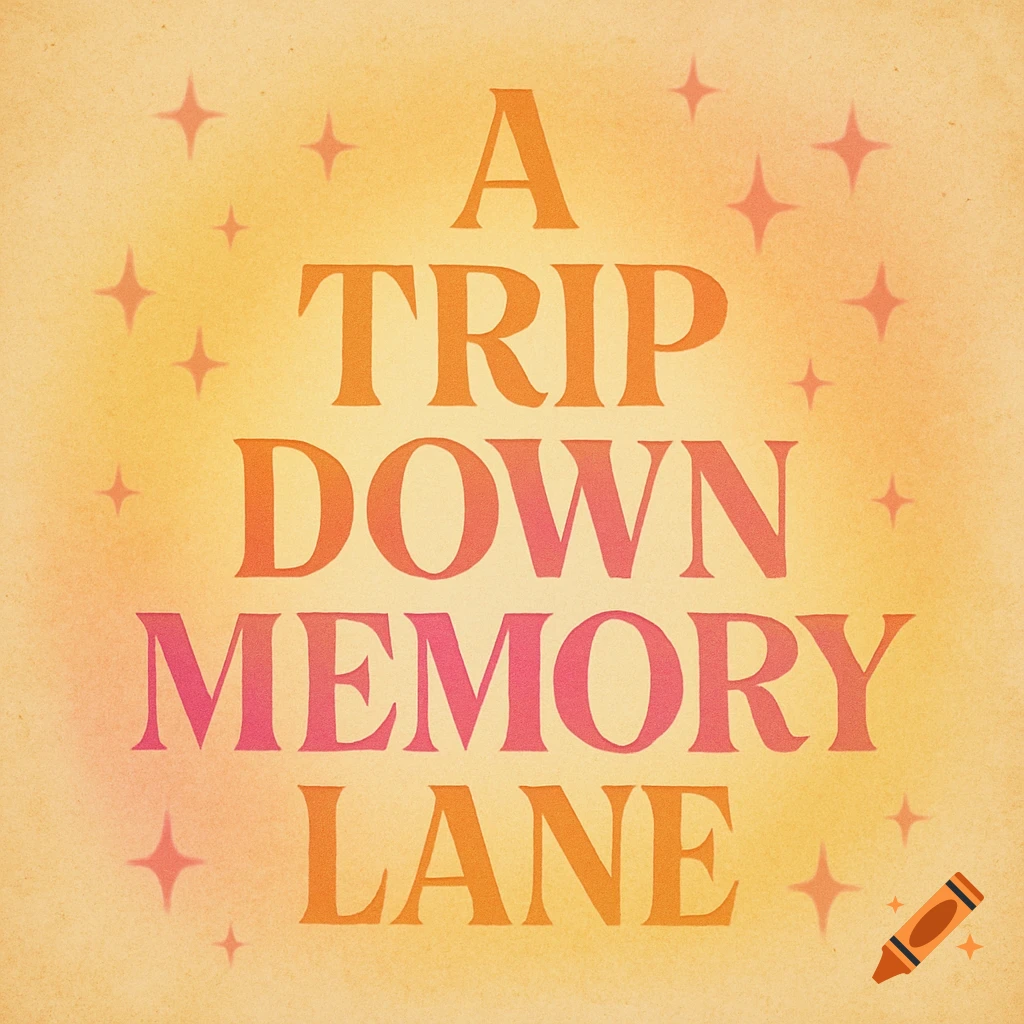 Retro-style text 'A TRIP DOWN MEMORY LANE' in pink and orange gradient on a textured yellow background with sparkling stars.