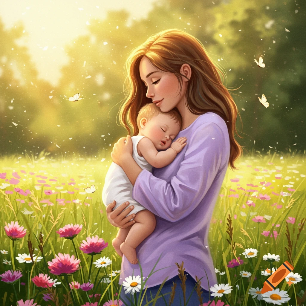 Illustrated mother cradles sleeping baby in a sunny field of wildflowers with butterflies.