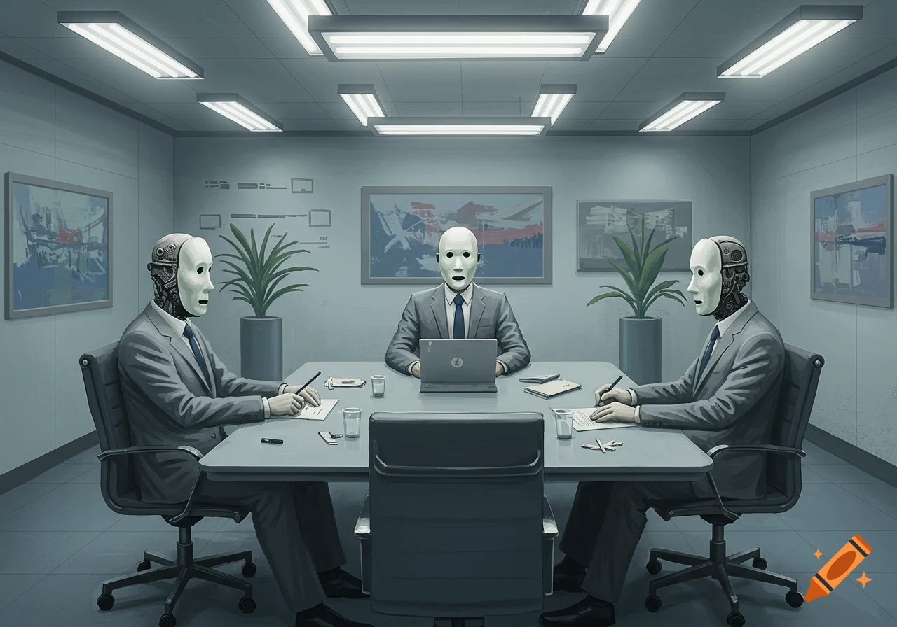 Three figures with white masks and robotic heads, dressed in suits, sit at a conference table in a sterile office.