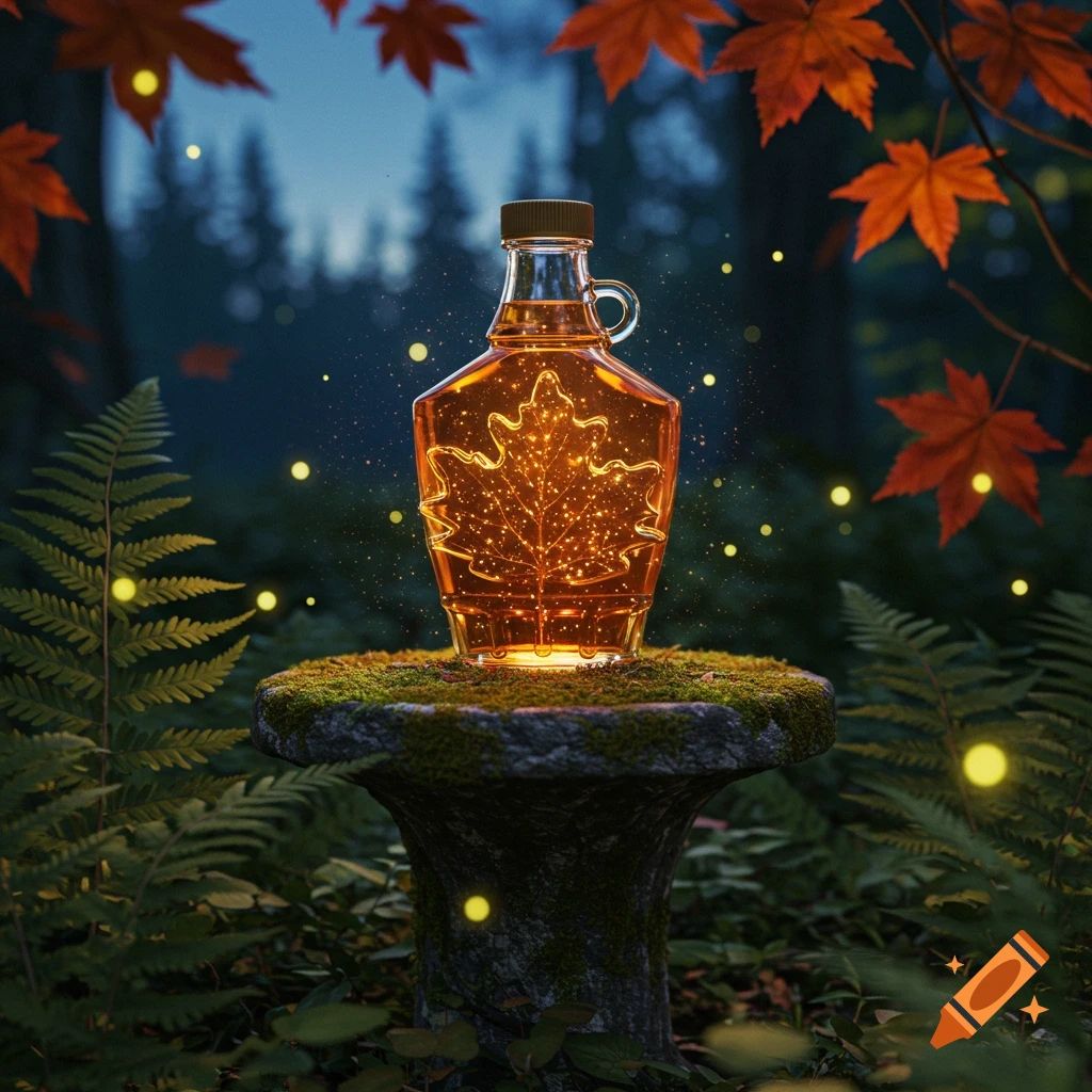 A bottle shaped like a maple leaf, filled with glowing syrup, rests on a mossy stone pedestal in an enchanted forest at dusk.
