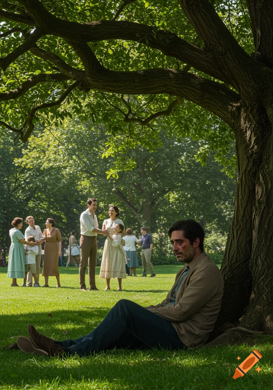 A sad man sits under a large tree in a sunny park, looking down while happy families interact in the background.