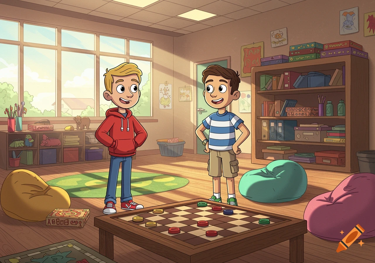 Two cartoon boys standing in a sunny playroom with a checkerboard on a table. One boy wears a red hoodie, the other a striped shirt.