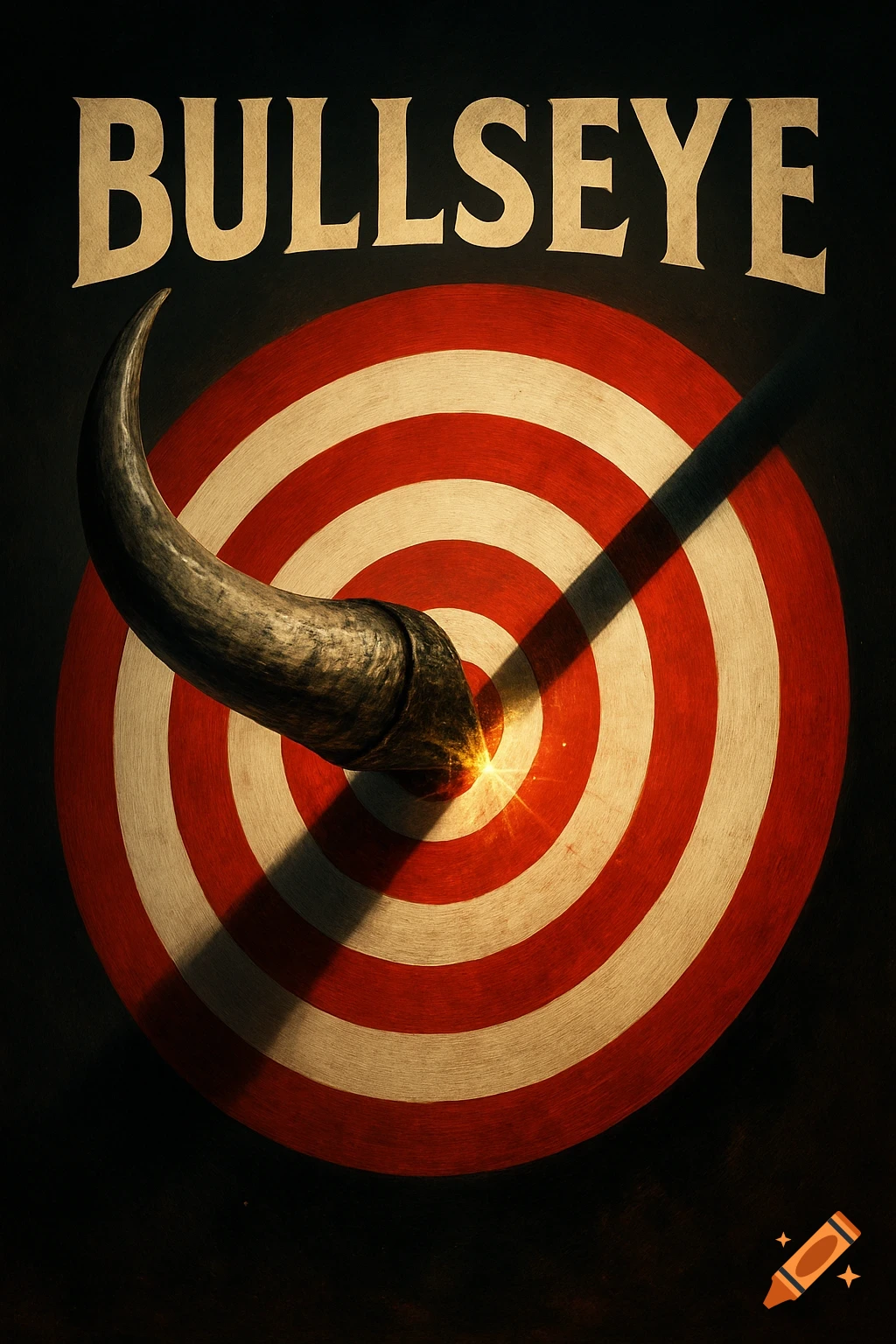 A bull horn striking the bullseye of a red and white target, with 'BULLSEYE' text above.
