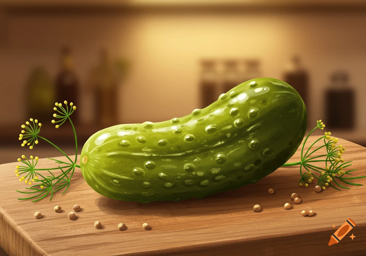 A green pickle with dill and peppercorns on a wooden cutting board, digital illustration.
