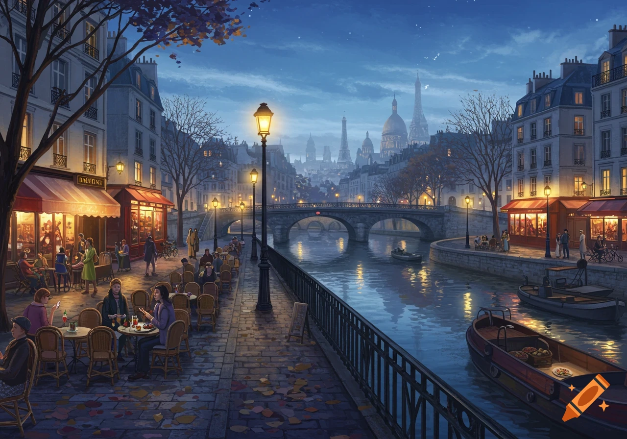 An artistic illustration of a bustling Paris street cafe at night along the Seine River, with illuminated buildings and distant landmarks.