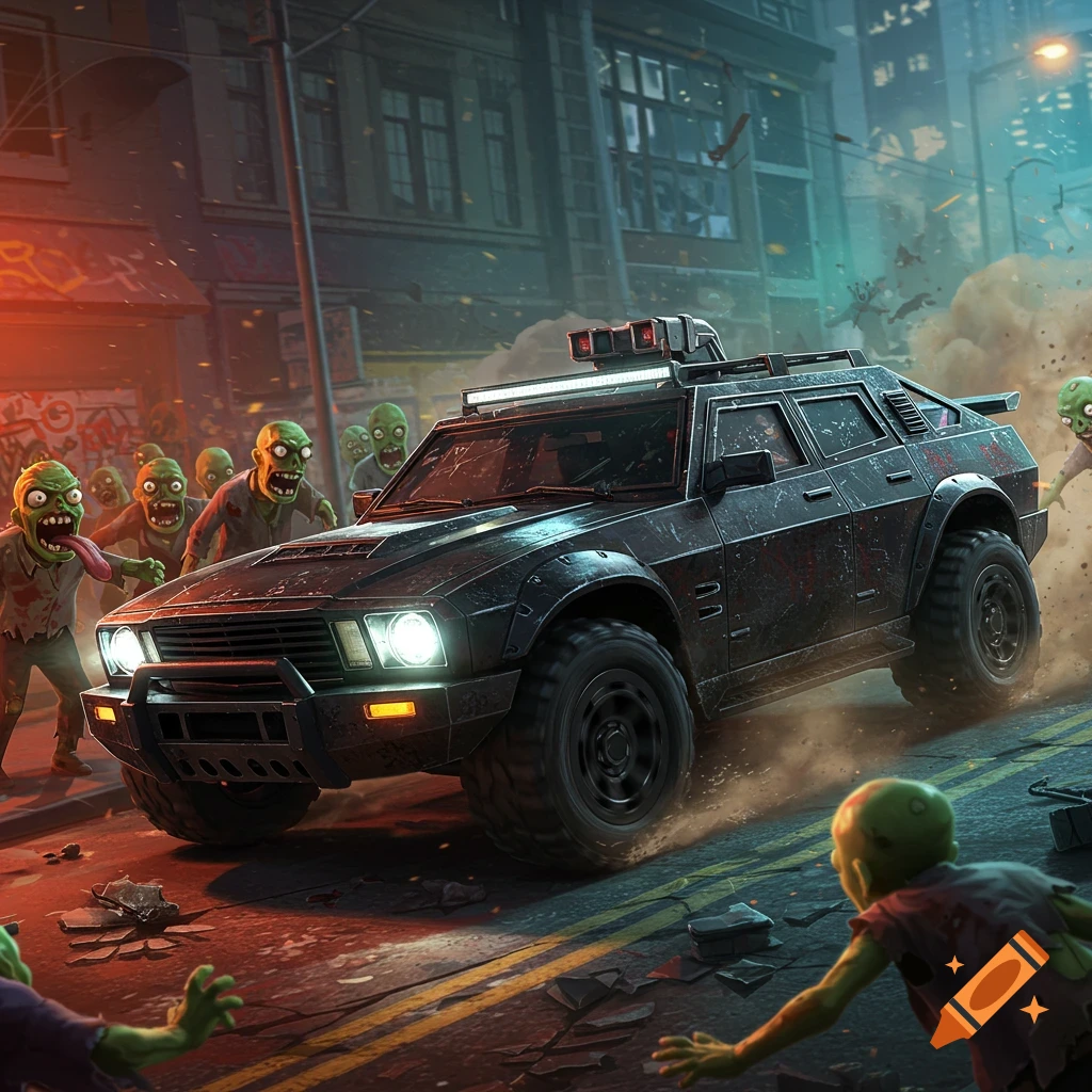 An armored black car drives through a dimly lit city street, surrounded by green-skinned cartoon zombies.