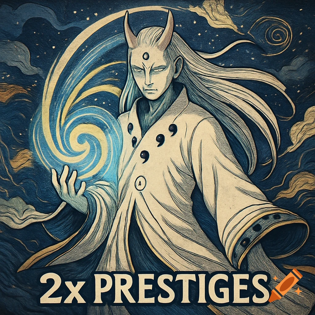Anime Otsutsuki character with horns, long white hair, holding a blue energy orb. Text '2x PRESTIGES' is at the bottom.