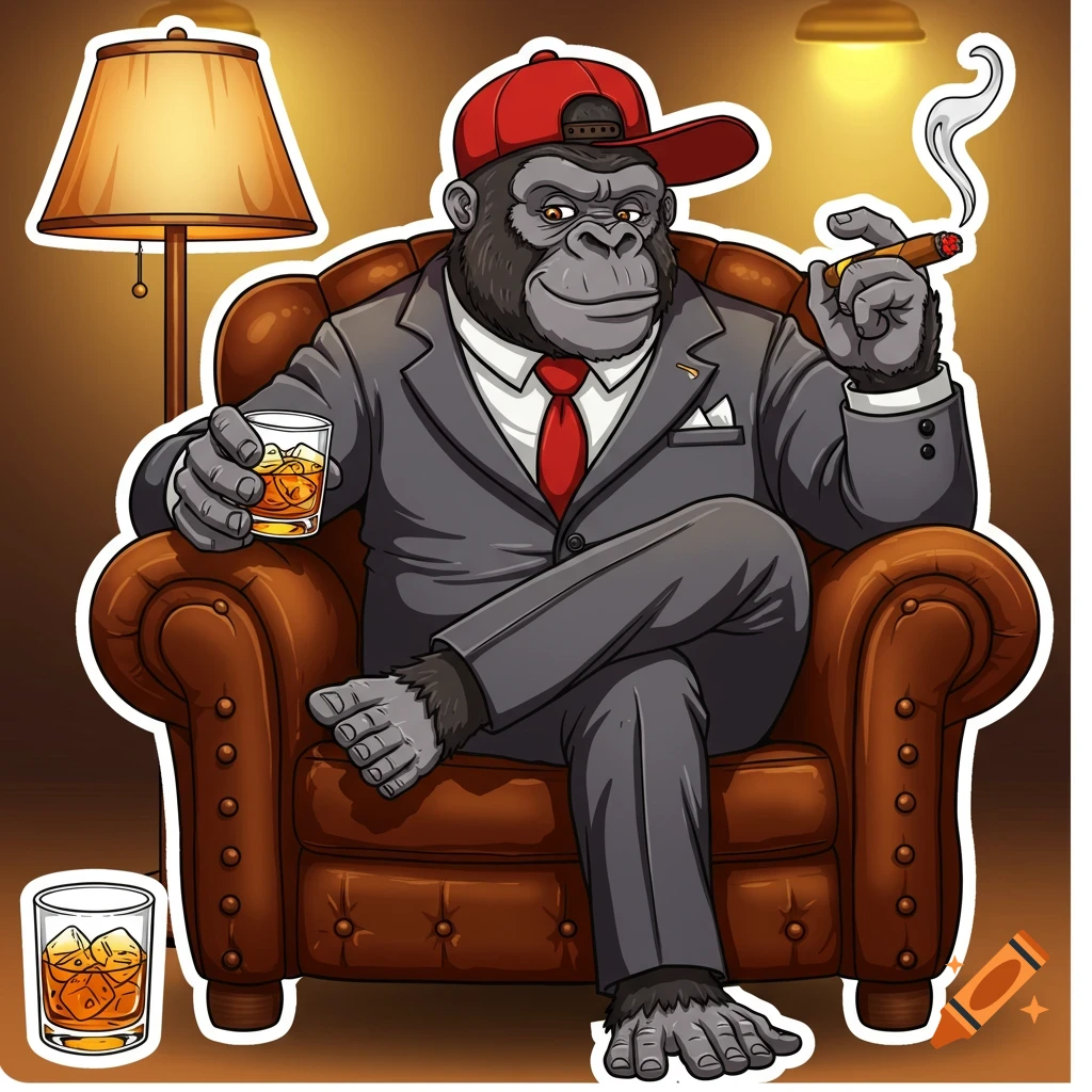 A sophisticated cartoon gorilla in a suit and red baseball cap sits in a leather chair, drinking whiskey and smoking a cigar.