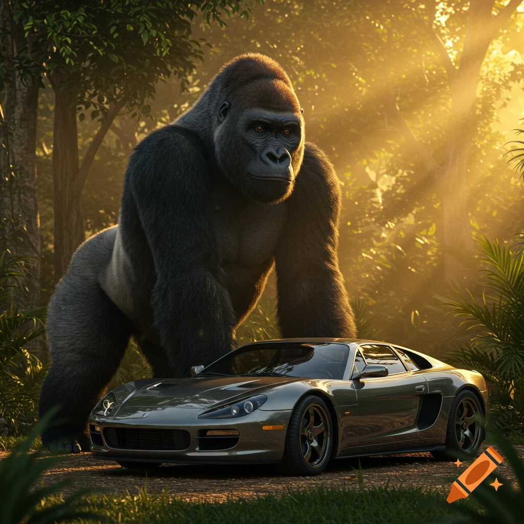 Photorealistic gorilla standing next to a sleek gray sports car in a sunlit jungle.