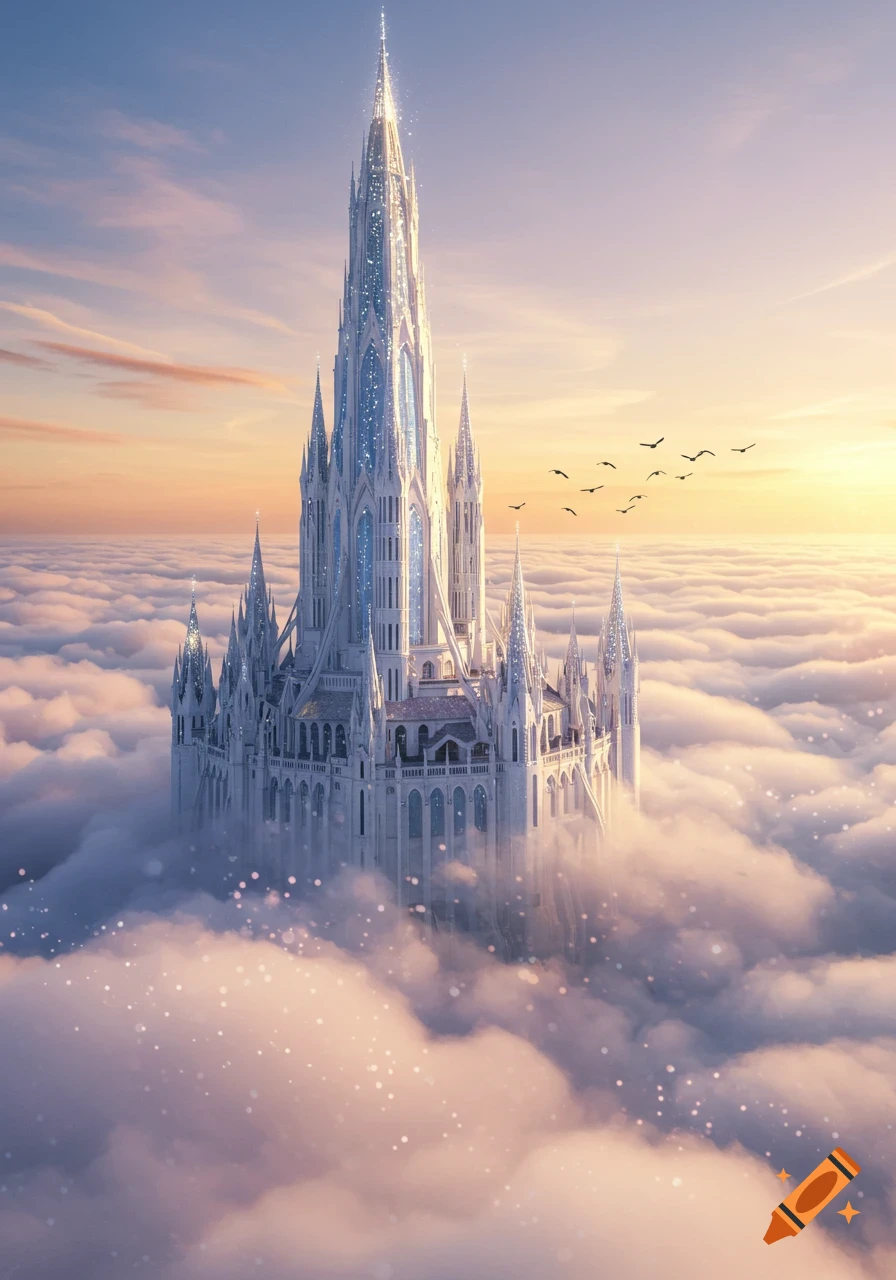 A shimmering, fantastical white castle with many spires rises through fluffy pink and white clouds at sunrise or sunset. Several birds fly in the golden sky.