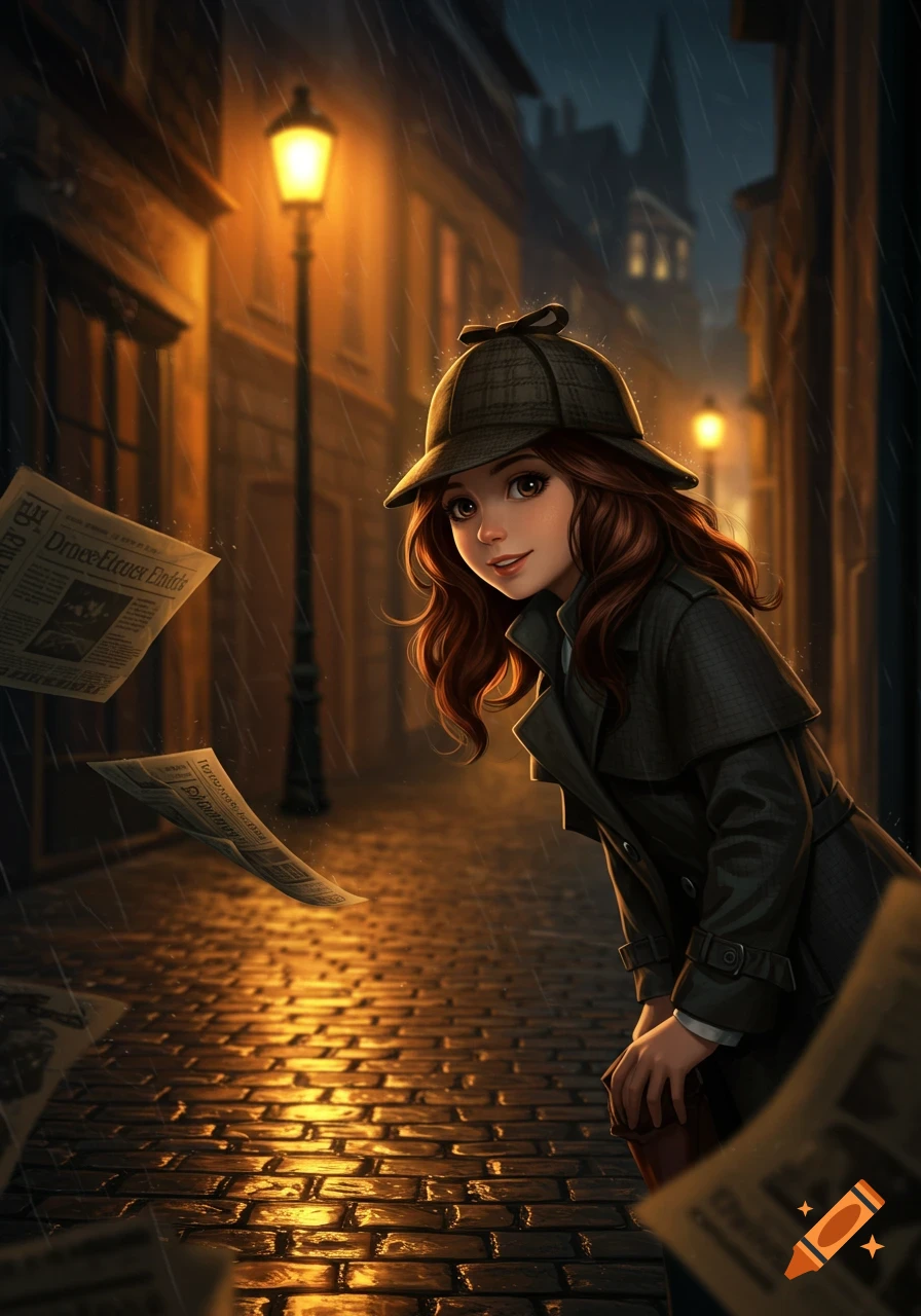 A stylized anime girl in a detective hat and coat smiles in a rainy, lamp-lit alley, with newspapers swirling around her.