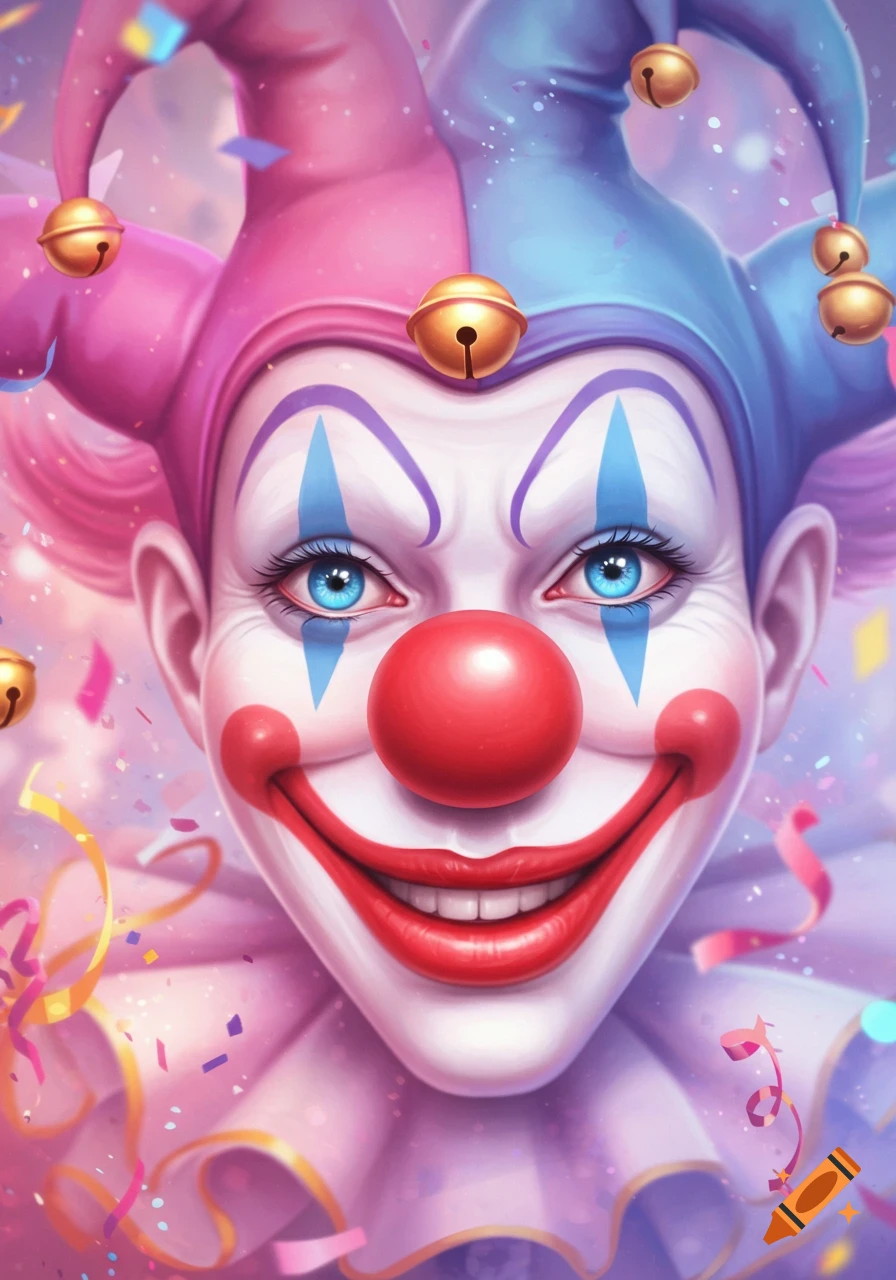 Detailed portrait of a vibrant clown with a pink and blue jester hat, red nose, wide smile, and blue eyes, surrounded by confetti.