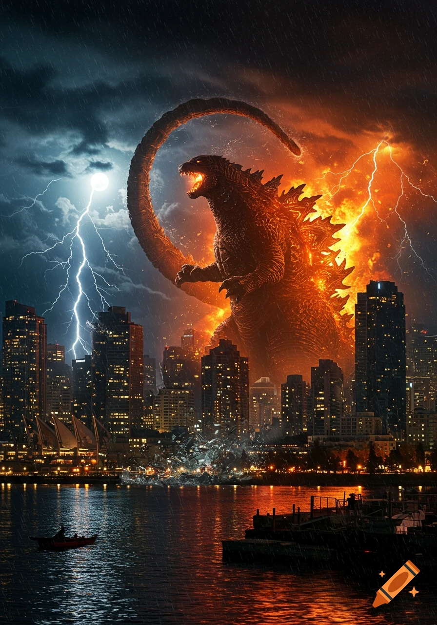 Godzilla, bathed in fire, looms over a city at night as lightning strikes and rain falls.