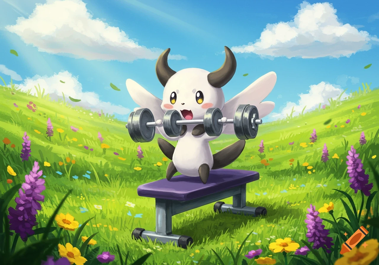 A cute, white horned creature with wings lifts a barbell on a bench in a vibrant green field with colorful flowers under a blue sky.