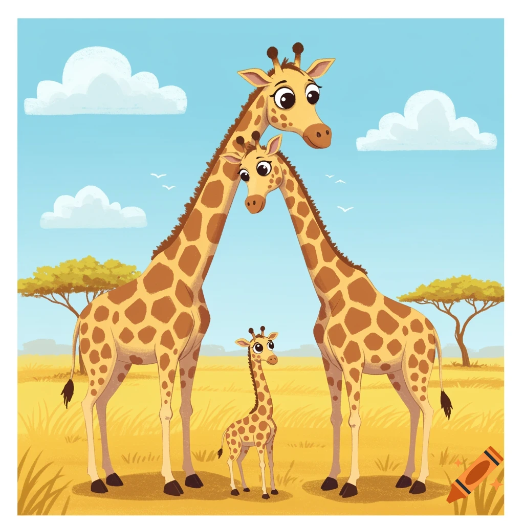 Cartoon illustration of two adult giraffes and a baby giraffe standing in a savanna with acacia trees under a blue sky.