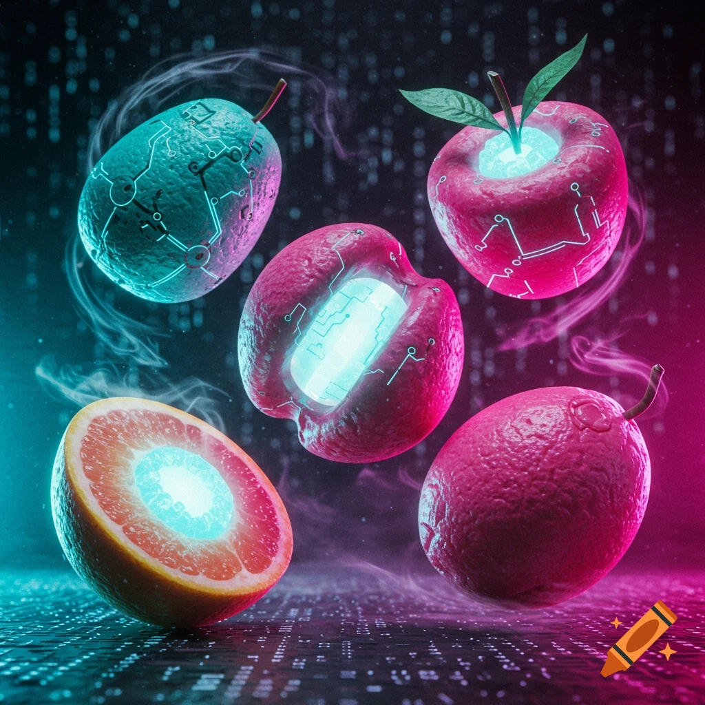 Five glowing cybernetic fruits with circuit patterns float against a dark, futuristic background with neon pink and blue light.