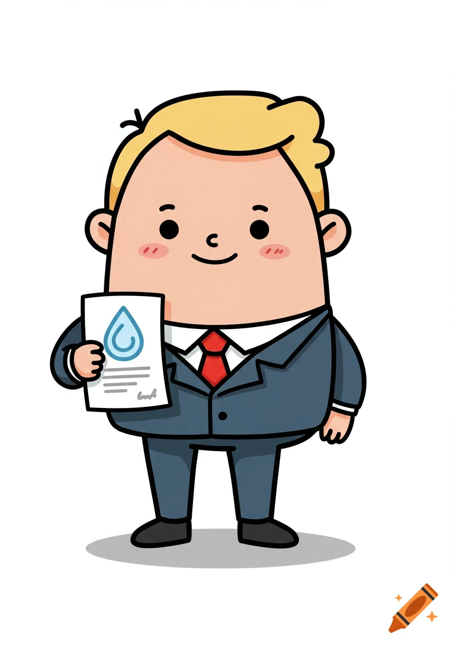 A friendly, stout blonde man in a blue suit and red tie smiles while holding a document with a blue water drop symbol. Illustration on white background.