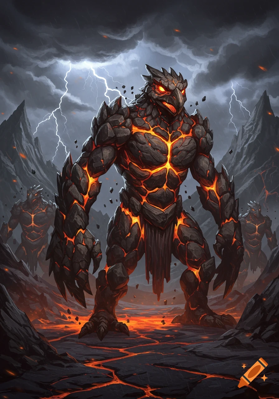 Three large, muscular, bird-headed rock and lava golems stand in a volcanic landscape under a stormy sky with lightning. Digital art.