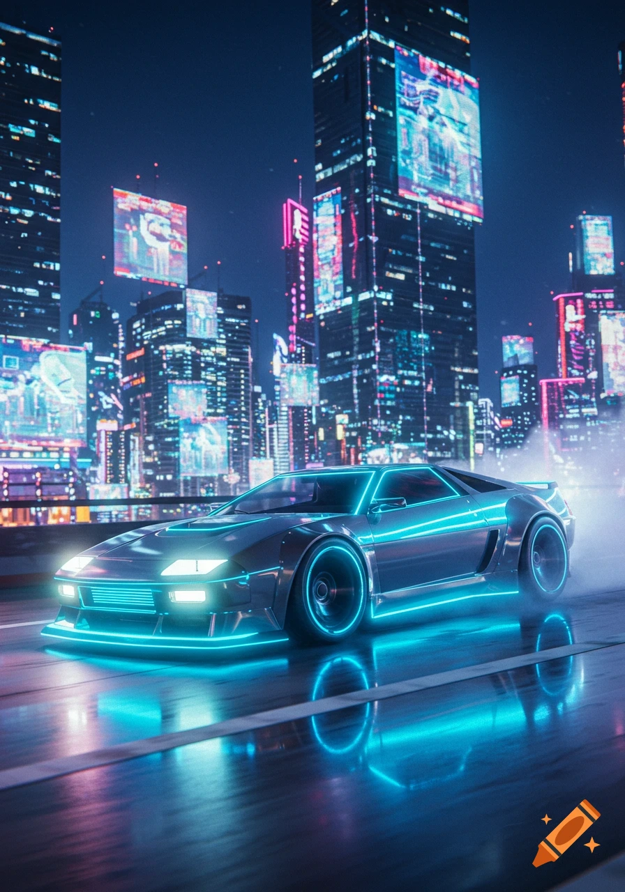 Futuristic car with neon blue lights driving through a vibrant cyberpunk city at night.