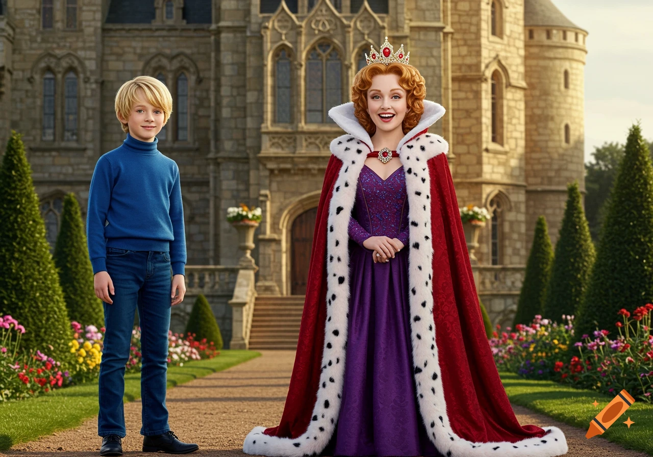 A young blonde boy in blue and a woman in a red and purple queen's costume stand smiling in front of a stone castle.