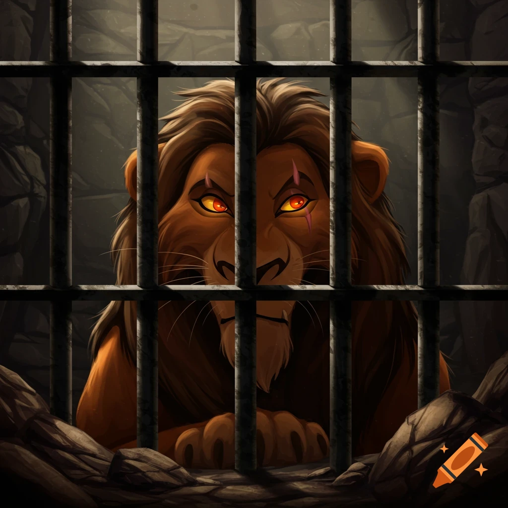 A stylized animated illustration of a fierce lion, resembling Scar from The Lion King, behind metal prison bars.