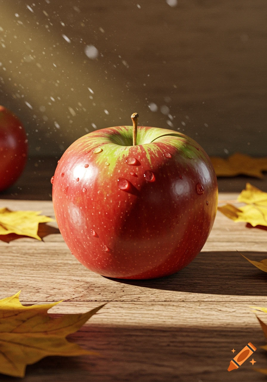Close-up of a vibrant red and green apple covered in water droplets, resting on a wooden table with scattered autumn leaves, illuminated by a sunbeam.