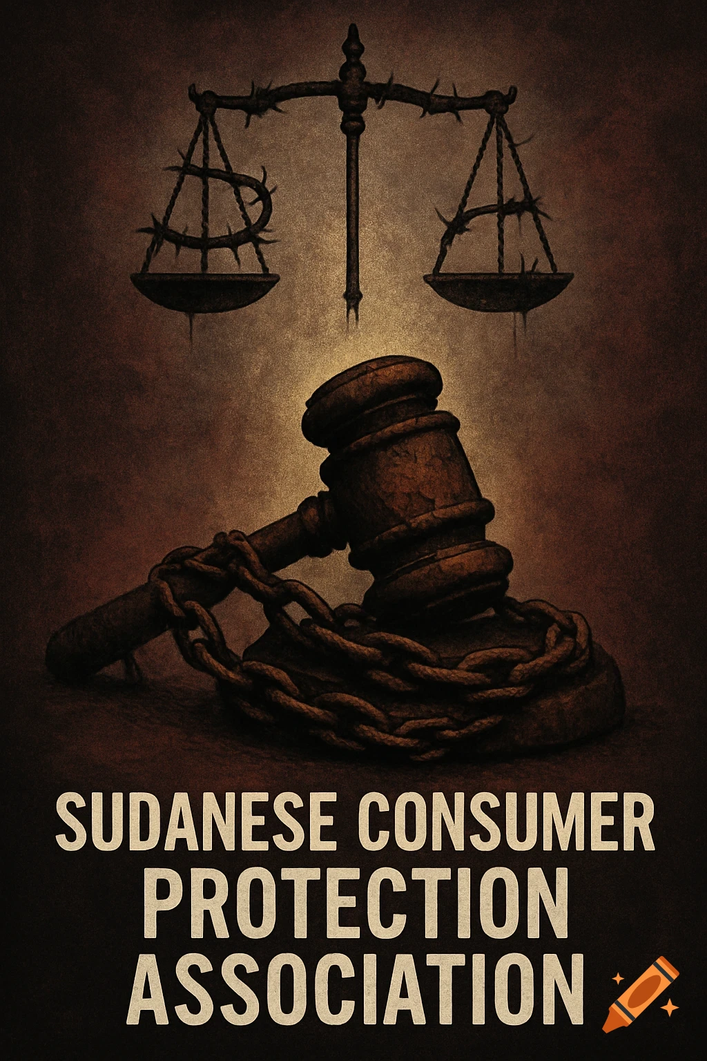 A somber, dark-toned image showing a chained gavel and scales of justice wrapped in barbed wire, with text 'SUDANESE CONSUMER PROTECTION ASSOCIATION'.