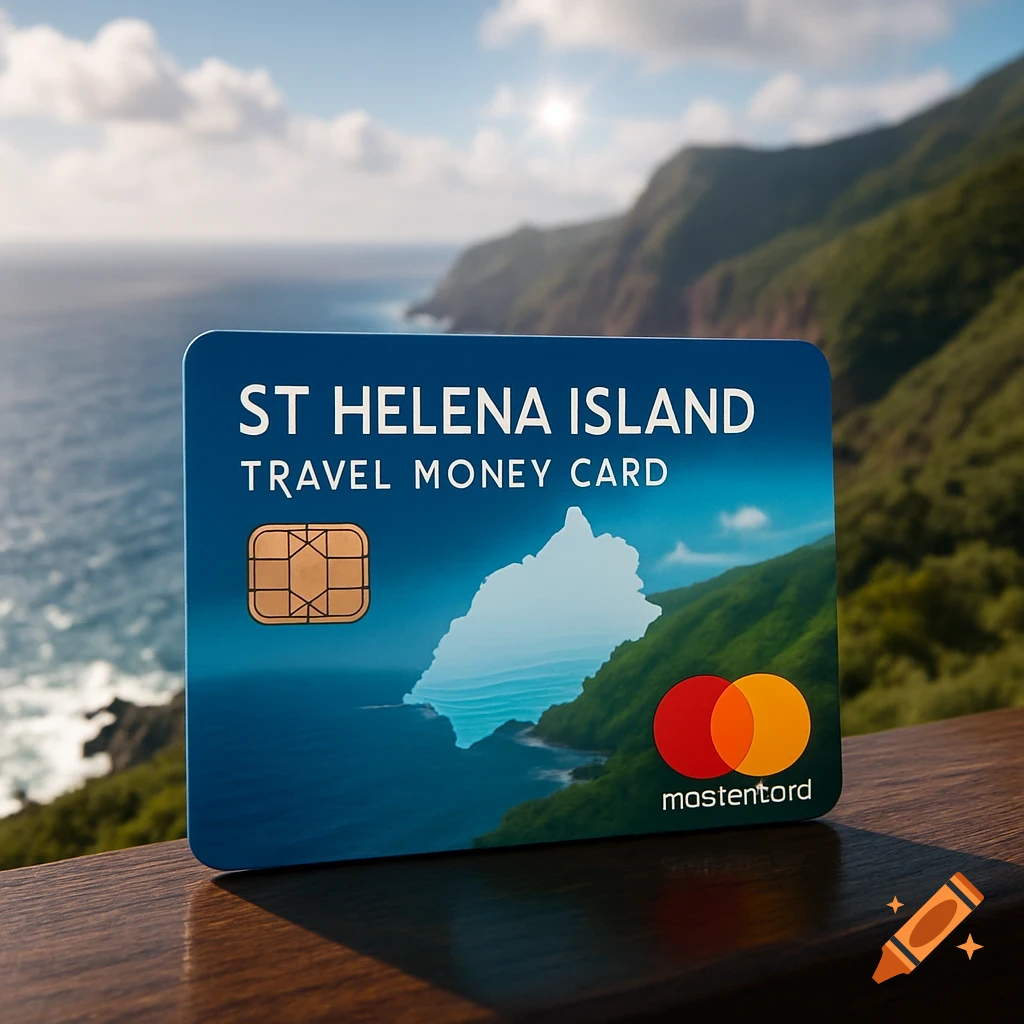 Photorealistic St Helena Island Travel Money Card with a gold chip, on a wooden surface with an island ocean backdrop.