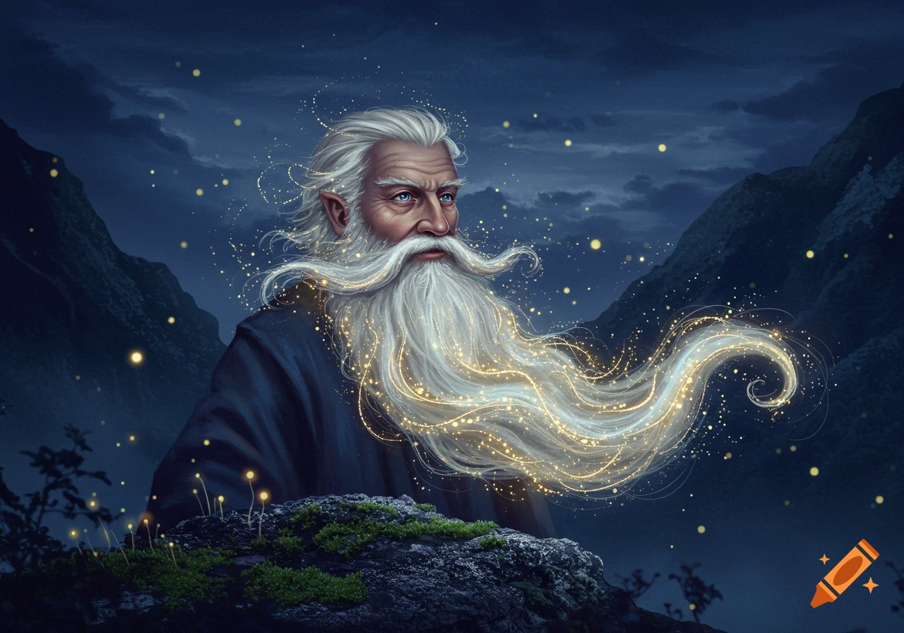 An elder man with a long, flowing, glowing white beard and pointed ears, set against a dark, mystical night landscape with mountains and fireflies.