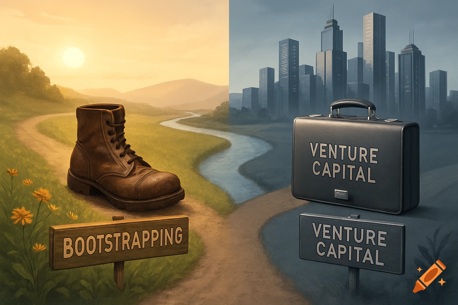 Two paths diverge: a sunny rural path with a boot and a 'BOOTSTRAPPING' sign, and a grey cityscape path with a briefcase and 'VENTURE CAPITAL' signs.
